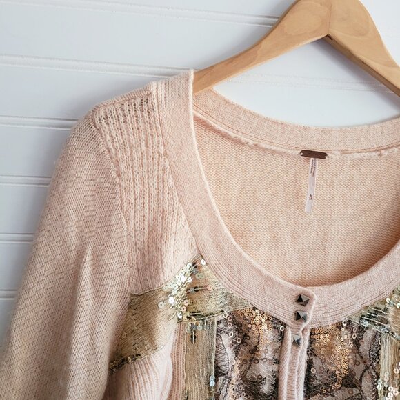 Free People Cardigan Sweater Womens Medium Peachy Pink Angora Blend Sequins - Picture 2 of 11